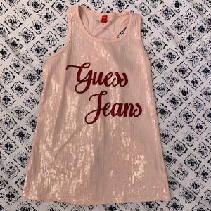 Pink sequence tank top with red letters